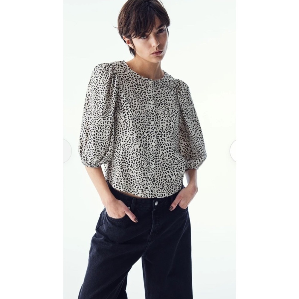 H&M black and white leopard print Women's Linen & Viscose Blend Shirt SZ- Large